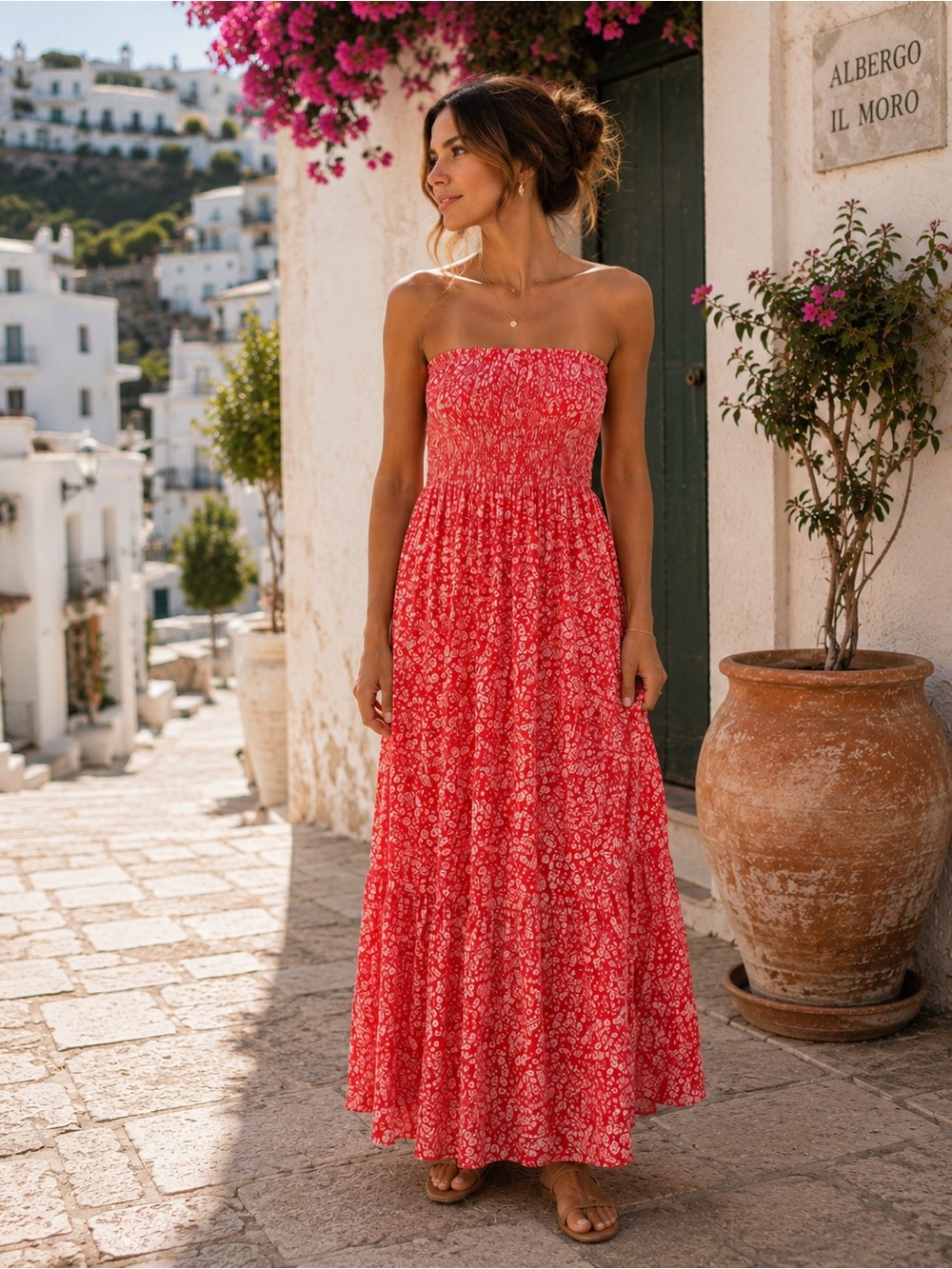 Zesica Coral Floral Strapless Smocked Maxi Dress Size Small Rayon Boho